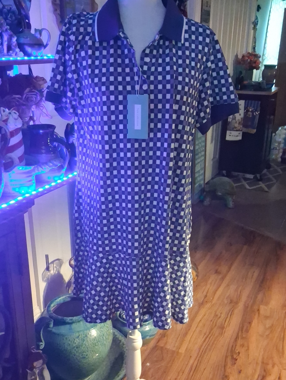 A New Blue Check Polo Ruffle Hem Dress by New Collection Size L